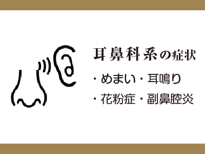 耳鼻科系の症状
・めまい・耳鳴り
・花粉症・副鼻腔炎